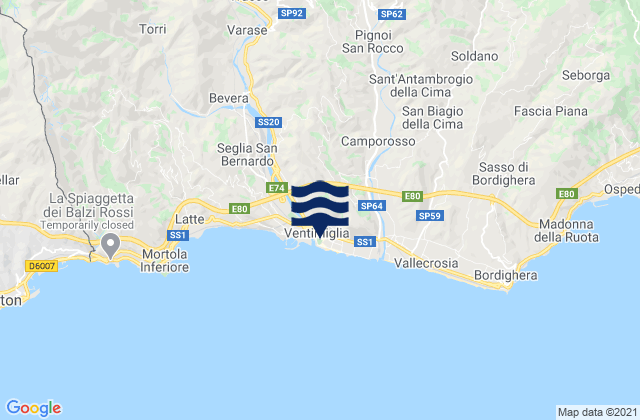 Karte der Gezeiten Ventimiglia, Italy