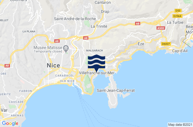Karte der Gezeiten Villefranche-sur-Mer, France