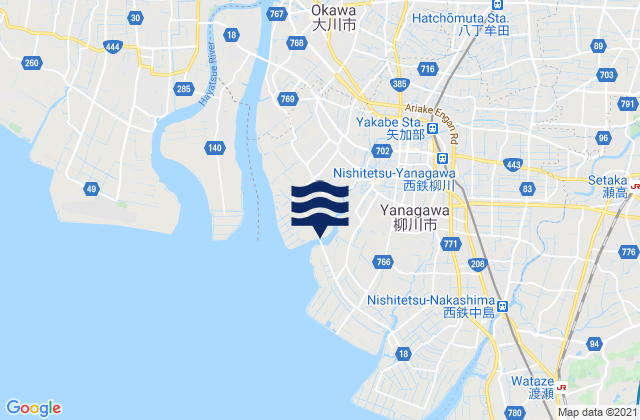 Karte der Gezeiten Yanagawa, Japan