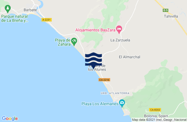 Karte der Gezeiten Zahara de los Atunes., Spain