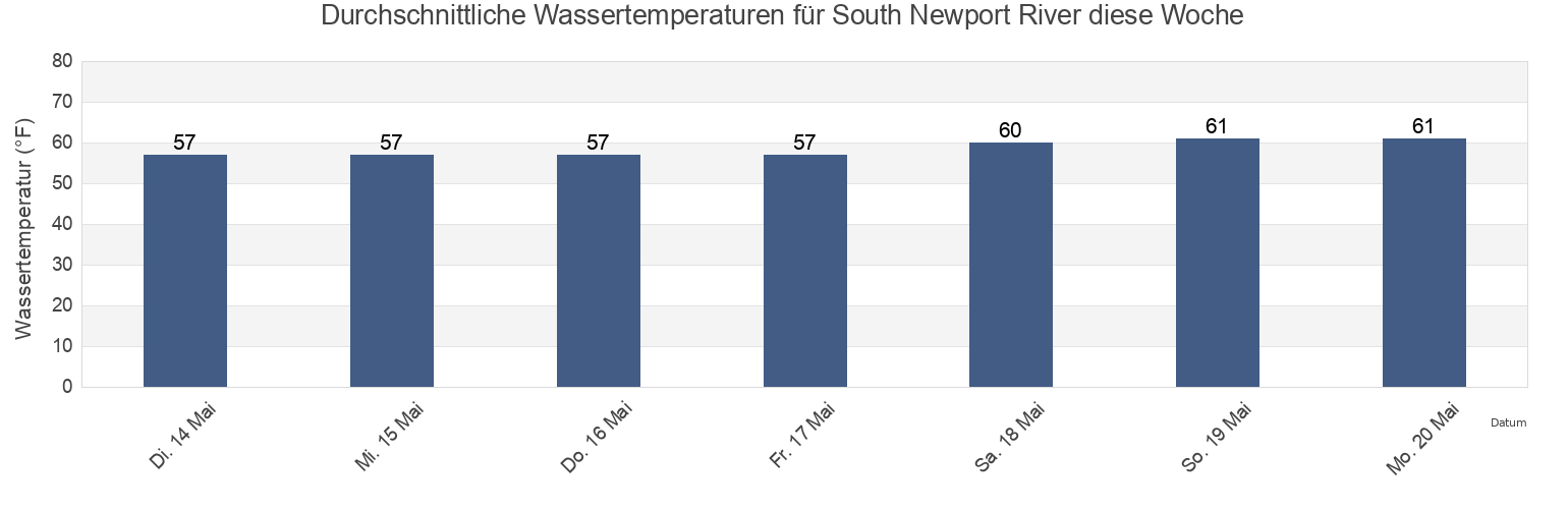 Wassertemperatur in South Newport River, City of Newport News, Virginia, United States für die Woche